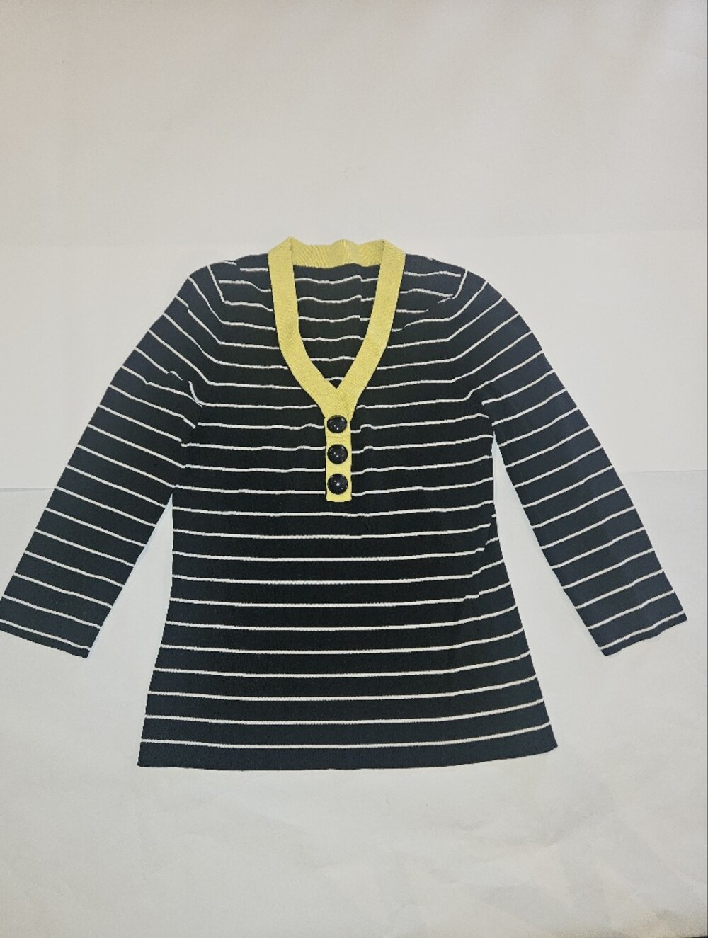 Striped Black & White Knit Top with Yellow Trim